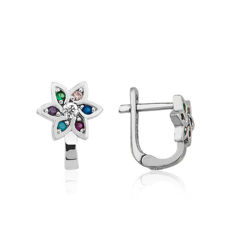Sterling Silver - Dainty Colorful Flower CZ Hoop Earrings