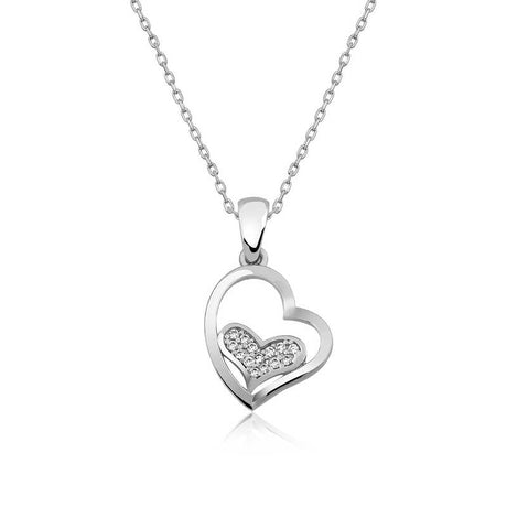 Necklace - Sterling Silver Tone Dainty Interlocking Heart CZ Pendant