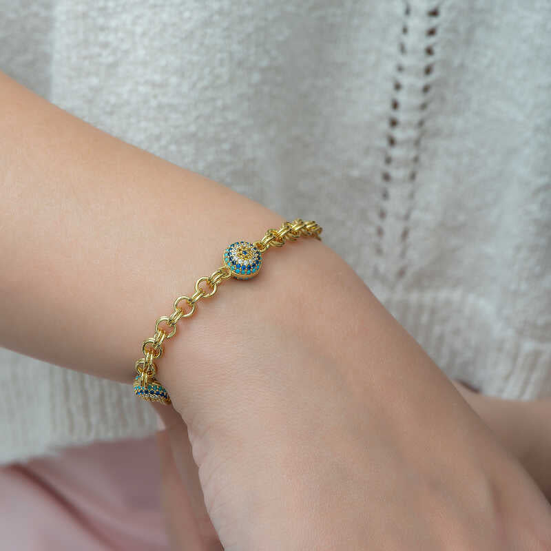 Gold-Plated Sterling Silver - Evil Eye Charm Chain Bracelet