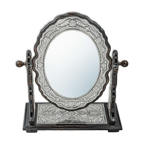 Silver Floral Ornate Oval Vanity Mirror - Double-Sided Tabletop Design