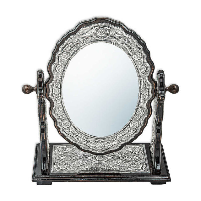 Silver Floral Ornate Oval Vanity Mirror - Double-Sided Tabletop Design