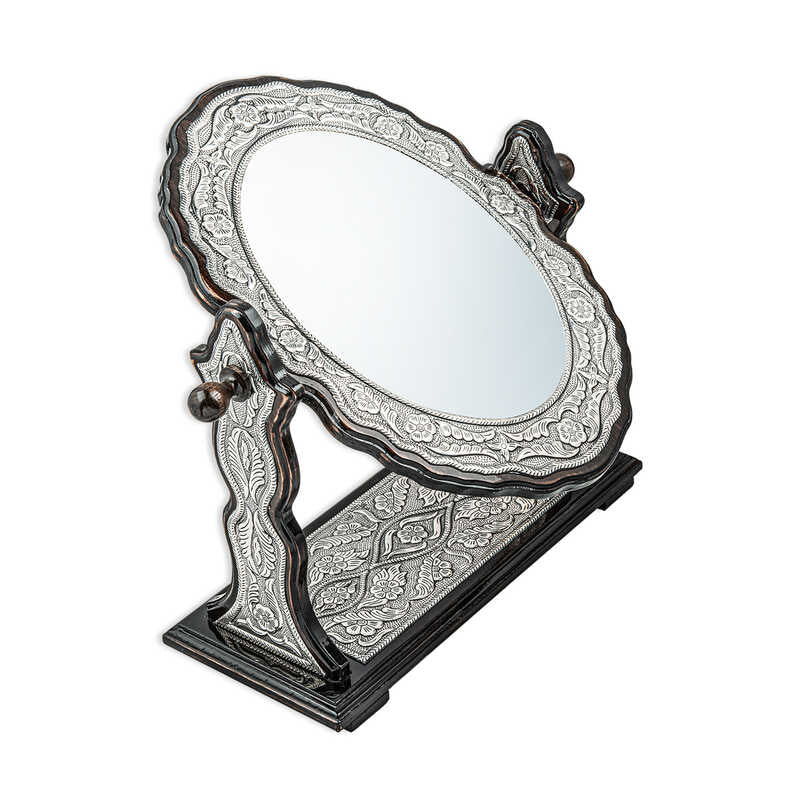 Silver Floral Ornate Oval Vanity Mirror - Double-Sided Tabletop Design