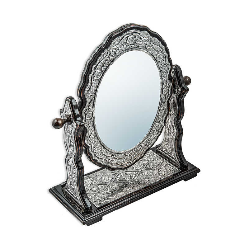 Silver Floral Ornate Oval Vanity Mirror - Double-Sided Tabletop Design