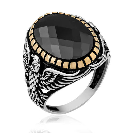 Men's Silver Eagle Design Faceted Black Onyx Ring