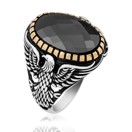 Men's Silver Eagle Design Faceted Black Onyx Ring