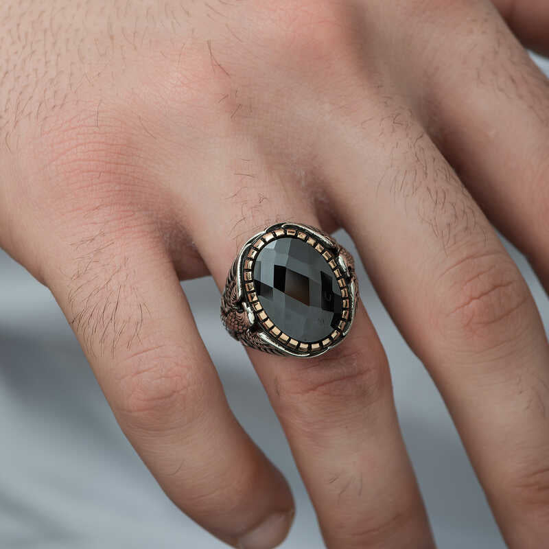 Men's Silver Eagle Design Faceted Black Onyx Ring