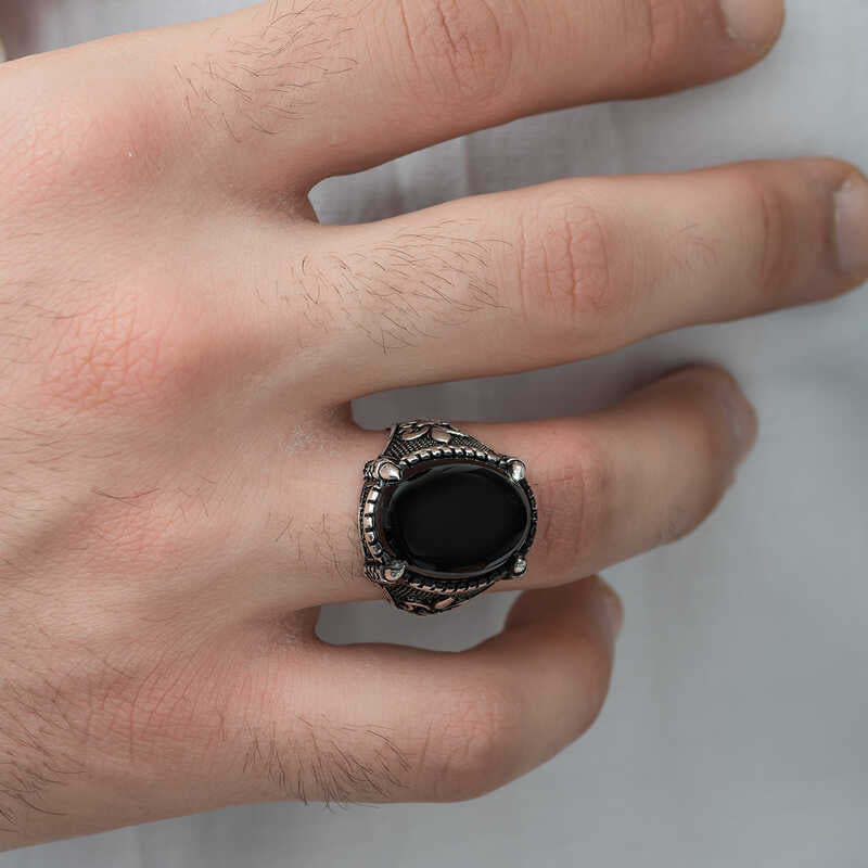 Sterling Silver Black Onyx Fleur-De-Lis Claw Men's Ring