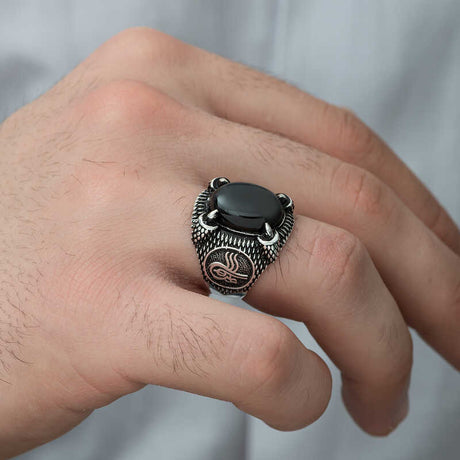 Premium Sterling Silver Ottoman Tughra Black Onyx Men's Ring