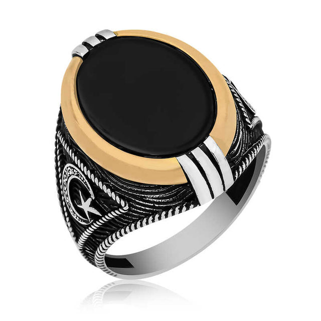 Premium Men's Silver Onyx Crescent Star Ring