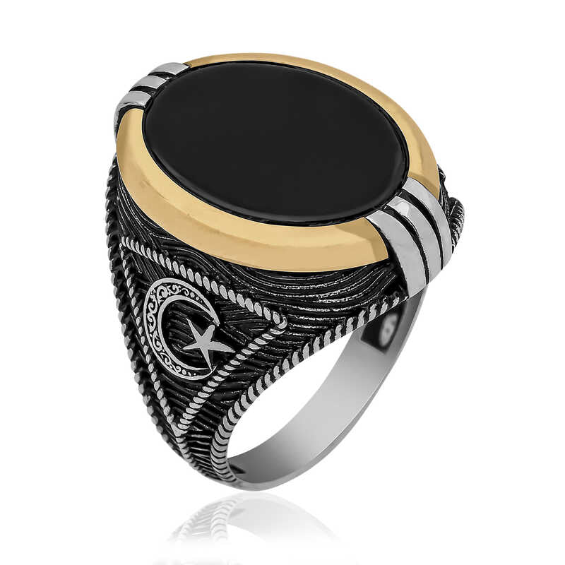 Premium Men's Silver Onyx Crescent Star Ring
