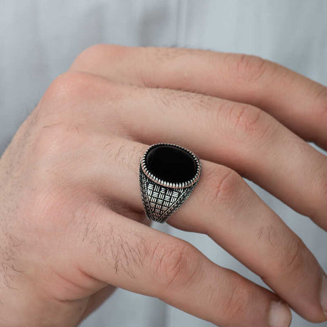 Professional Sterling Silver Onyx Braided Men's Ring