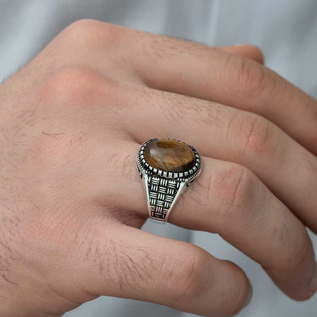 Premium Mens Silver Tiger Eye Stone Ring Braided Pattern