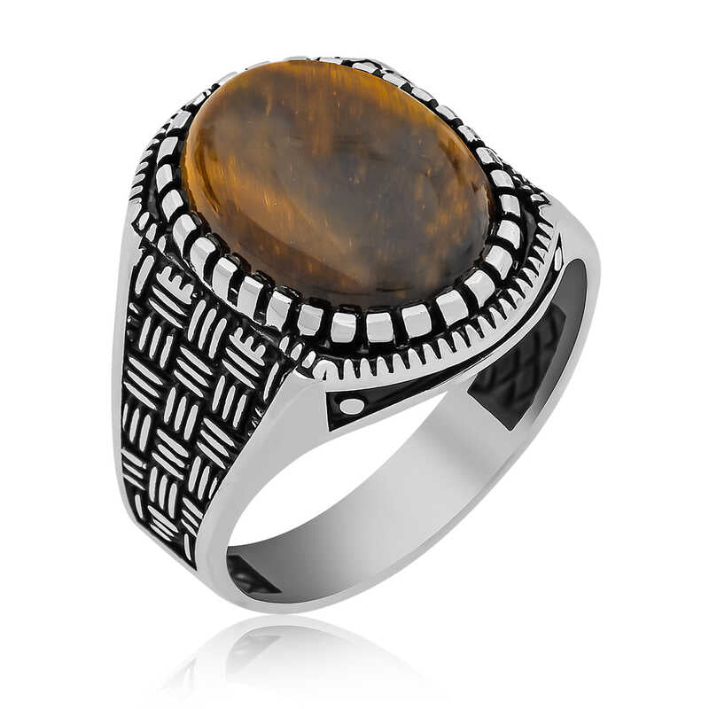 Premium Mens Silver Tiger Eye Stone Ring Braided Pattern