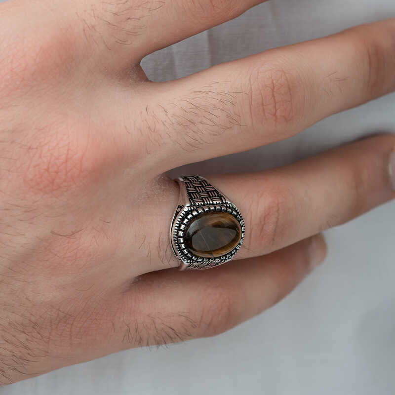 Premium Mens Silver Tiger Eye Stone Ring Braided Pattern