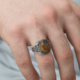 Premium Mens Silver Tiger Eye Stone Ring Braided Pattern