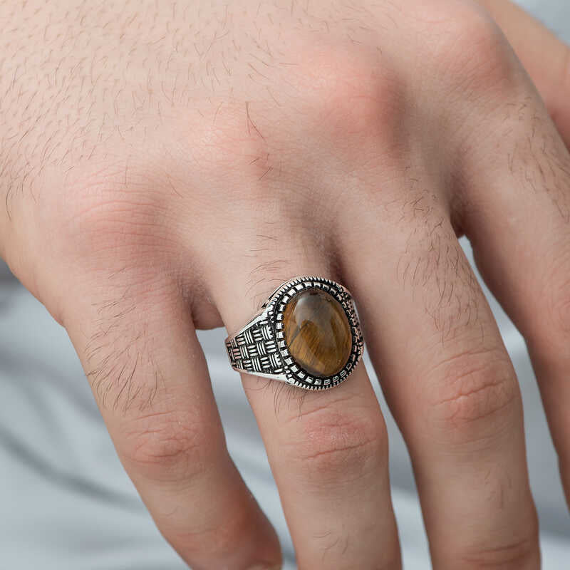 Premium Mens Silver Tiger Eye Stone Ring Braided Pattern