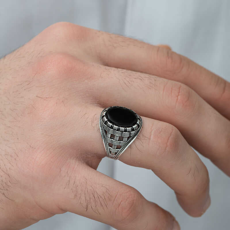 Premium Artisan Silver Onyx Braided Men's Ring