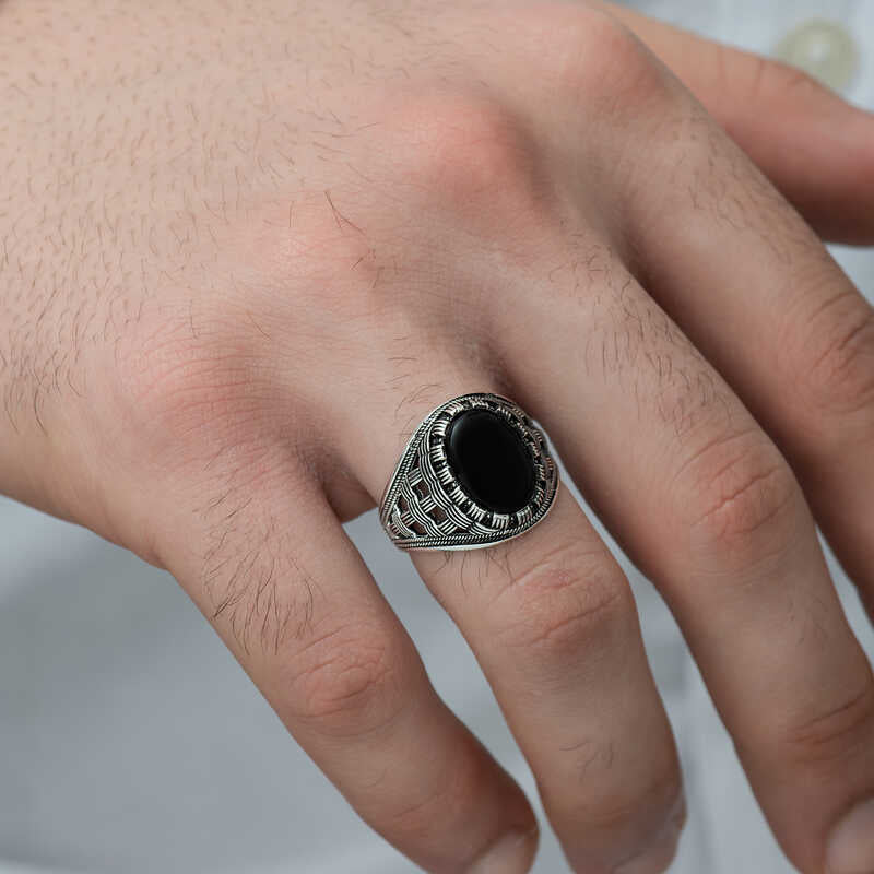Premium Artisan Silver Onyx Braided Men's Ring