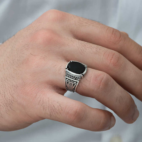 Premium Sterling Silver Onyx Stone Braided Men's Ring