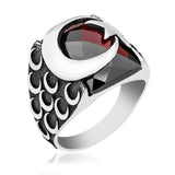 Sterling Silver Red Stone Crescent Star Men's Ring