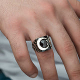 Sterling Silver Red Stone Crescent Star Men's Ring
