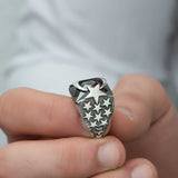 Sterling Silver Red Stone Crescent Star Men's Ring