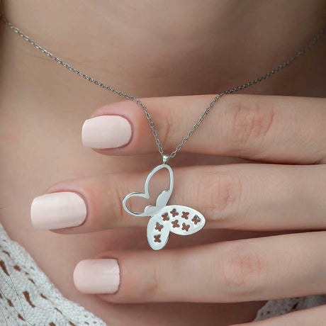 Sterling Silver Butterfly Necklace - Dainty Cut-Out with Accent Details
