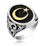 Sterling Silver Engraved Crescent Star Men's Ring