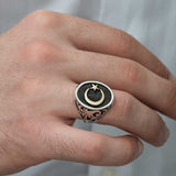 Sterling Silver Engraved Crescent Star Men's Ring