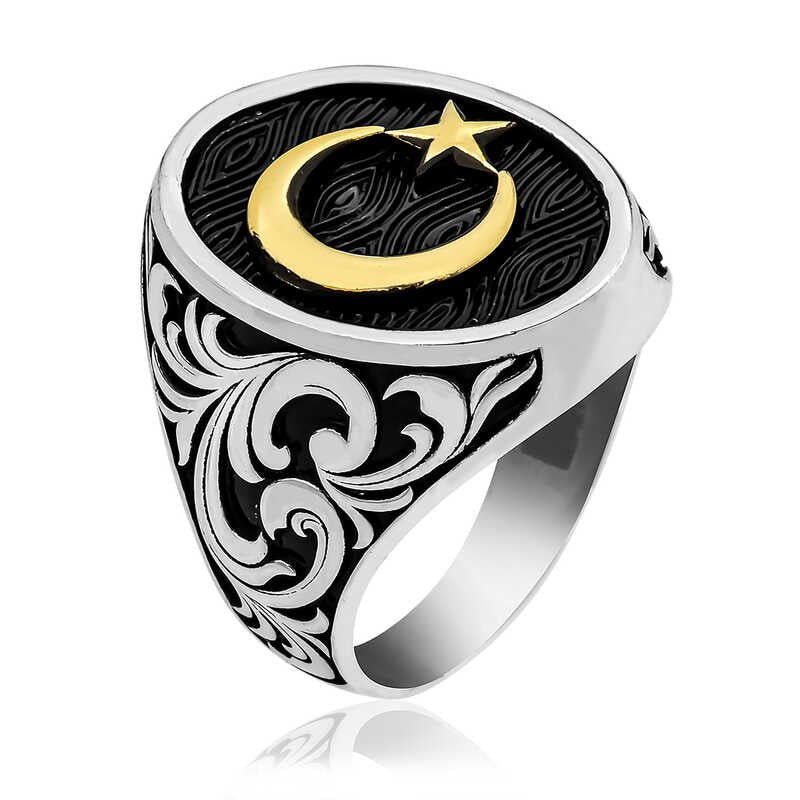 Sterling Silver Engraved Crescent Star Men's Ring