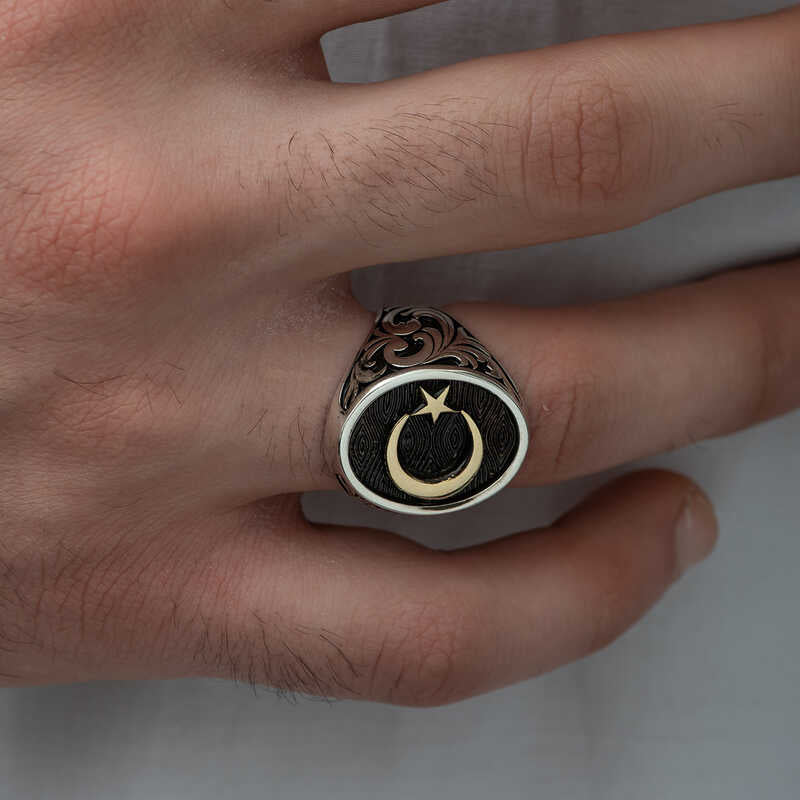 Sterling Silver Engraved Crescent Star Men's Ring