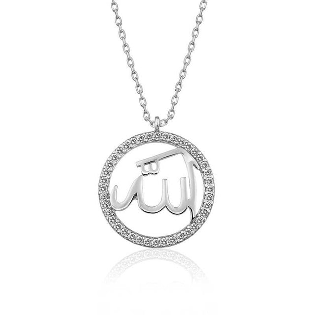Sterling Silver Allah Calligraphy Pendant Necklace - Sparkling Zirconia