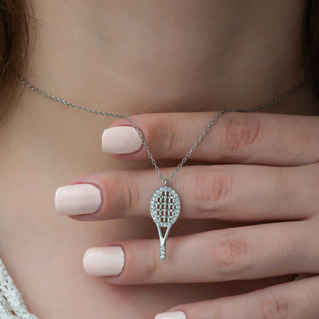 Sterling Silver Tennis Racquet Necklace - Sparkling Cubic Zirconia Pendant