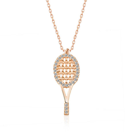 Necklace - Rose Gold Tone Tennis Racket with Sparkling Accents