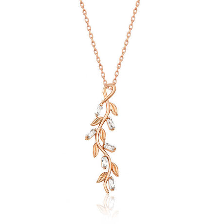 Rose Gold Plated Silver Necklace - Elegant Leaf & Baguette Zircon