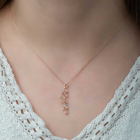 Rose Gold Plated Silver Necklace - Elegant Leaf & Baguette Zircon