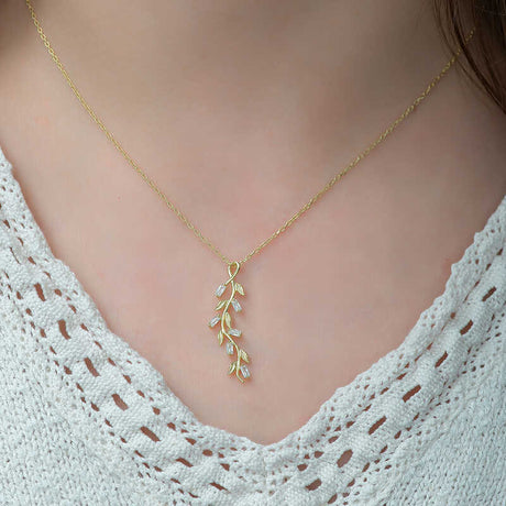 Necklace - Gold-Plated Vine Leaf with Sparkling Cubic Zirconia Stones