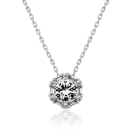 Silver-Tone Necklace - Sparkling Hexagonal Halo Pendant with Baguette & Round Stones