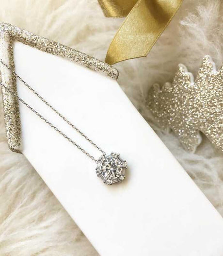 Silver-Tone Necklace - Sparkling Hexagonal Halo Pendant with Baguette & Round Stones