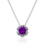 Sterling Silver Necklace - Violet Purple Hexagonal Halo Pendant