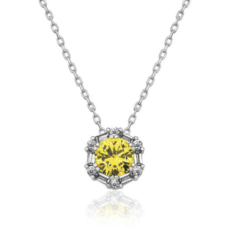 Necklace - Sterling Silver Yellow Zirconia Hexagon Halo Pendant