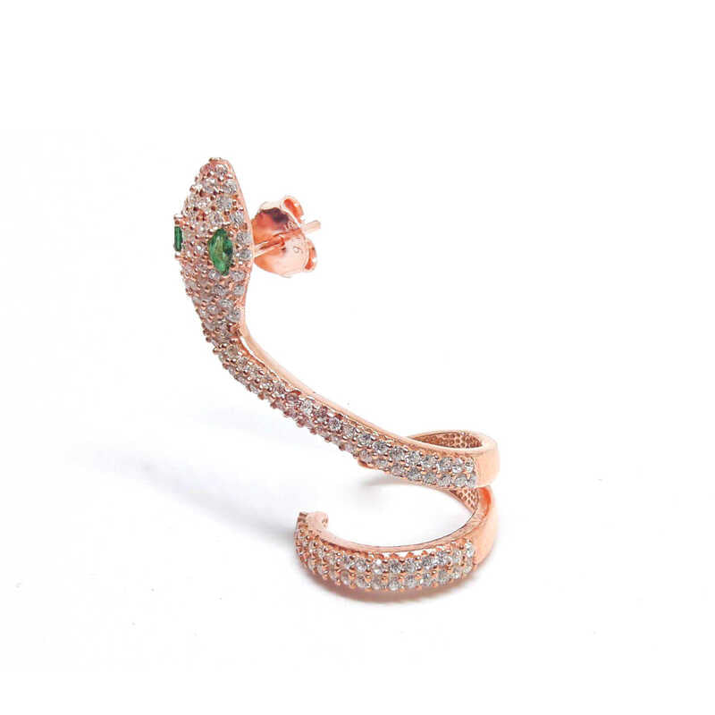 Snake Ear Cuff - Rose Gold Plated Sterling Silver Pave CZ with Green Eyes