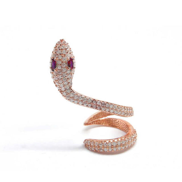 Rose Gold Plated Sterling Silver Snake Ear Cuff - Pave CZ Pink Eyes