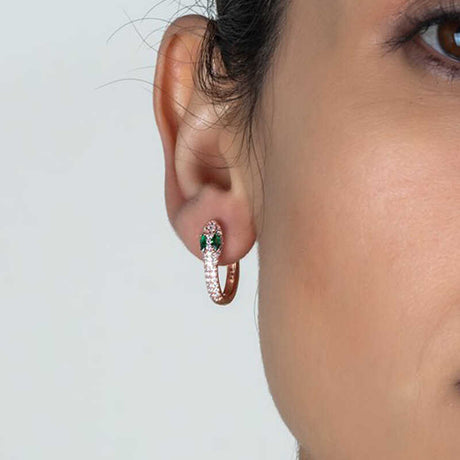 Huggie Hoop Earrings - Rose Gold Plated Sterling Silver Snake with Green Zirconia