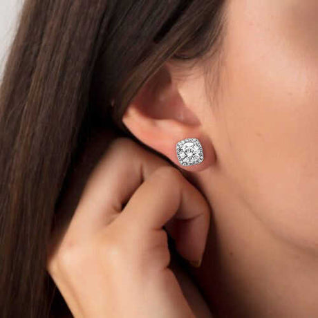 Stud Earrings - Sterling Silver Cushion Halo Brilliant Stones