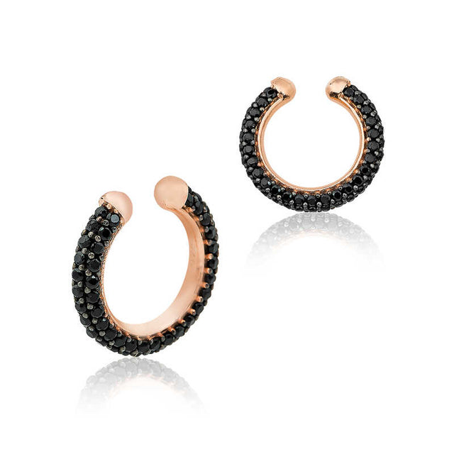 Rose Gold Tone Pave Black Zirconia Hoop Ear Cuffs - Stackable