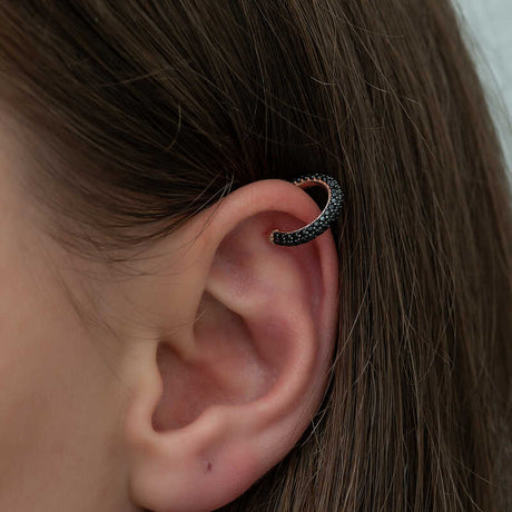 Rose Gold Tone Pave Black Zirconia Hoop Ear Cuffs - Stackable