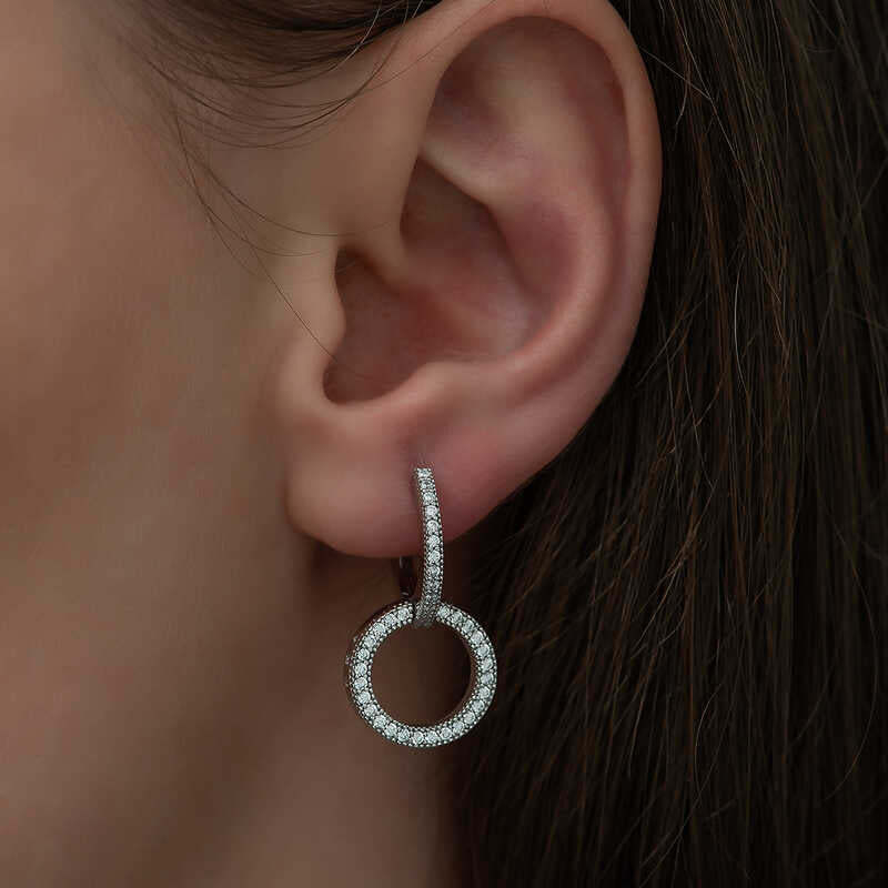 Dangle Hoop Earrings - Sterling Silver Pave Crystal Interlocking Design