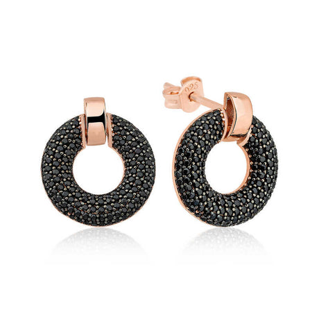 Stud Earrings - Rose Gold Plated 925 Silver Black Zirconia Pave