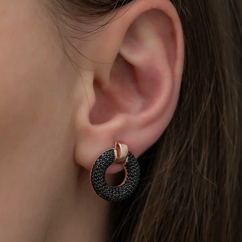 Stud Earrings - Rose Gold Plated 925 Silver Black Zirconia Pave
